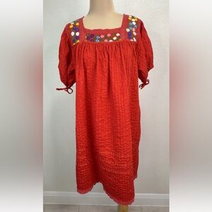 Vintage 70's Traditional Mexican Red Pintuck Shift Dress Women's M